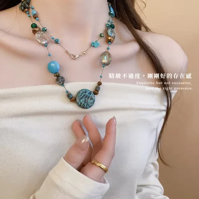 【復古異彩】異域雕紋琉光點綴長鍊(自由穿搭 波西米亞 手作 串珠 項鍊 異國風 文青飾品)