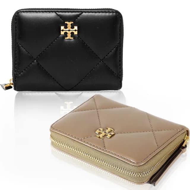 【TORY BURCH】TORY BURCH Kira 雙T字LOGO 皮革絎縫菱格4卡拉鍊零錢包(2色任選)