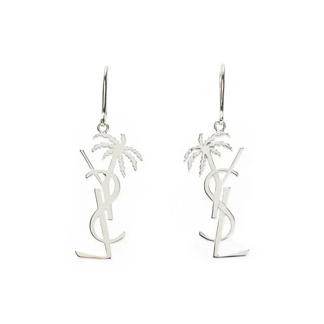 【YSL】YSL 銀色經典LOGO造型椰子樹垂墜式耳環(銀)