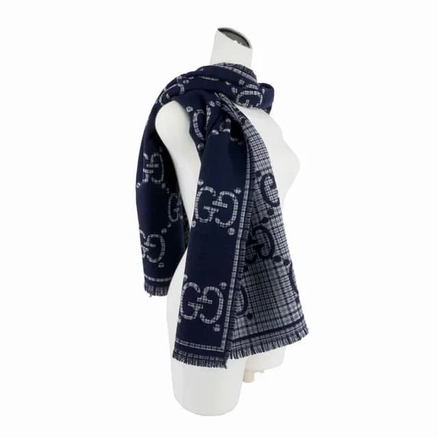 【GUCCI 古馳】GG Logo 格紋雙色羊毛圍巾(灰色/藍色)