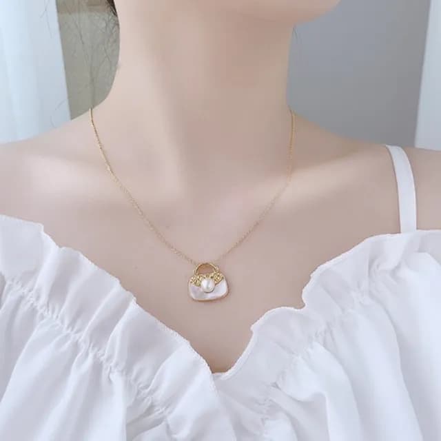 【Penny珮妮】韓版珍珠母貝包包項鍊(母親節 交換禮物  生日禮 情人節 尾牙 新年 結婚)