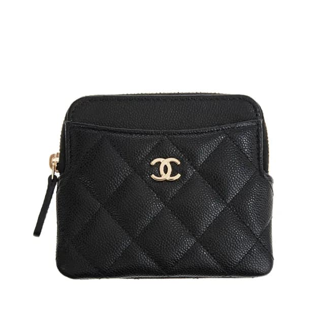 【CHANEL 香奈兒】新款雙C金字LOGO金屬菱格紋荔枝皮吐司卡片零錢包(黑色)