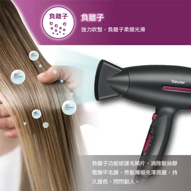 【beurer 德國博依】國際電壓旅行用負離子吹風機HC 25-晨曦莓紅限定版(雙電壓 折疊式 負離子)