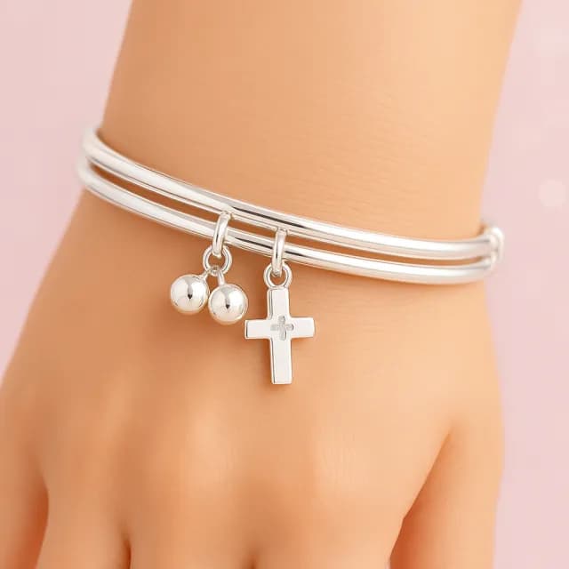 【珠兒綠】999純銀幸福十字架搖鈴純銀手鐲-成人尺寸(純銀手環 手鍊 彌月禮物 附禮盒禮袋 開運)