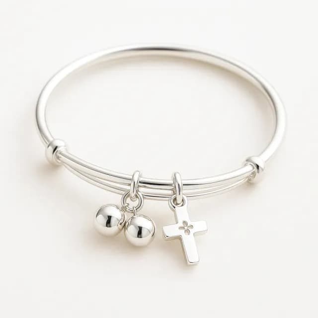 【珠兒綠】999純銀幸福十字架搖鈴純銀手鐲-成人尺寸(純銀手環 手鍊 彌月禮物 附禮盒禮袋 開運)