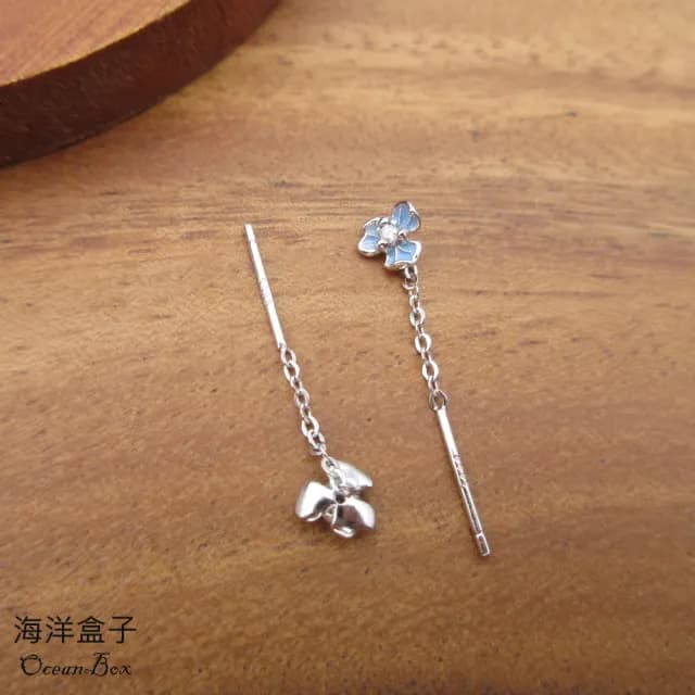 【海洋盒子】拉式。清新唯美藍釉鋯石小花S999純銀耳環(垂墜耳環.外鍍專櫃級正白K)