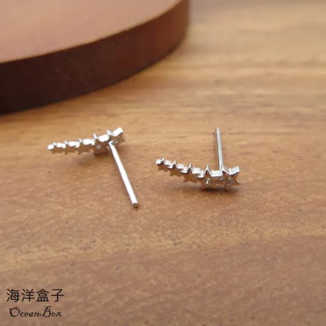 【海洋盒子】閃耀清冷排列鑲鑽微笑流星S925純銀耳環(貼耳耳環.外鍍專櫃級正白K)