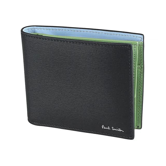 【Paul Smith】PAUL SMITH英文銀字LOGO牛皮4卡對折零錢短夾(男款/黑x綠x天空藍)