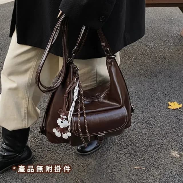 【韓風小鋪】父親節禮物 高級感復古冷棕油蠟皮單肩包(可雙肩背 可手提 斜跨包 側件包 女士 穿搭配件 冬季
