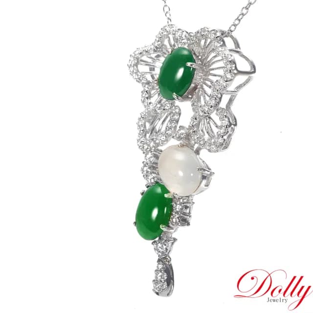 【DOLLY】買一送一 18K金 緬甸冰玻種A貨雙色翡翠鑽石項鍊(現貨 母親節 長輩送禮首選)