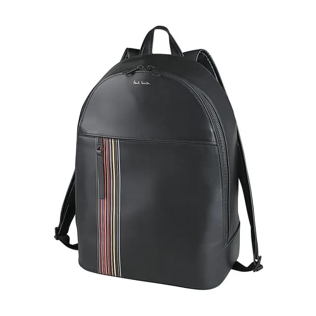 【Paul Smith】PAUL SMITH燙金簽名LOGO小牛皮經典彩色條紋拉鍊後背包(男款/黑)