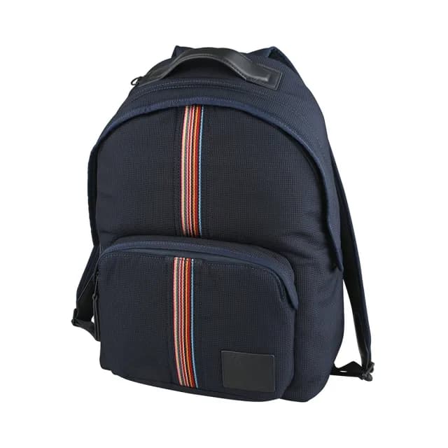 【Paul Smith】PAUL SMITH皮標LOGO尼龍牛皮飾邊彩條紋設計拉鍊後背包(男款/海軍藍)