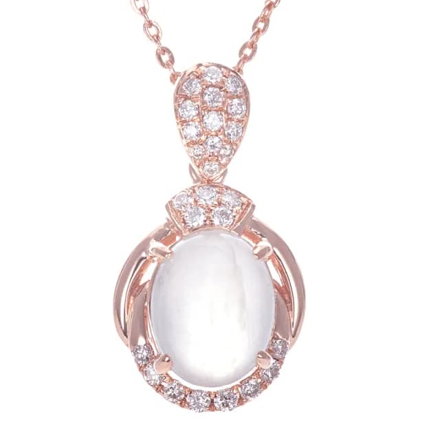 【DOLLY】14K金 緬甸冰種A貨白翡玫瑰金鑽石項鍊-008(母親節 長輩送禮首選)