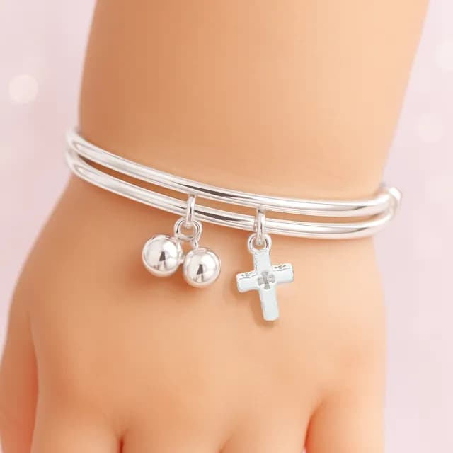 【珠兒綠】999純銀幸福十字架搖鈴純銀手鐲-兒童尺寸 開運(純銀手環 手鍊 彌月禮物 附禮盒禮袋 開運)