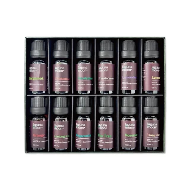 【美國Lagunamoon】超濃縮香薰純精油精裝套組禮贈盒12瓶/組(搭薰香擴香加濕器台芬芳香石泡澡按摩擴散香氣)