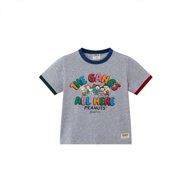 【GIORDANO 佐丹奴】童裝印花撞色圓領短袖上衣 史努比SNOOPY聯名系列(81 花紗灰)