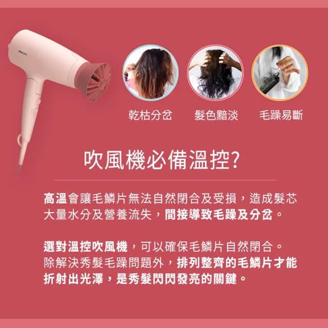 【Philips 飛利浦】官方直營 輕量溫控護髮吹風機 -柔漾粉(BHD356)