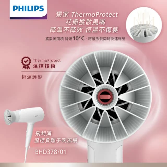 【Philips 飛利浦】官方直營 溫控負離子護髮吹風機-晨露白(BHD378)