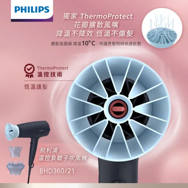 【Philips 飛利浦】官方直營 負離子溫控護髮吹風機 - 霧柔黑(BHD360/21)
