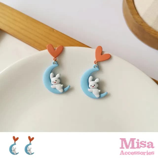 【MISA】韓國設計愛心月亮小兔子造型夾式耳環(無耳洞耳環 耳夾 夾式耳環 愛心耳環 月亮耳環)