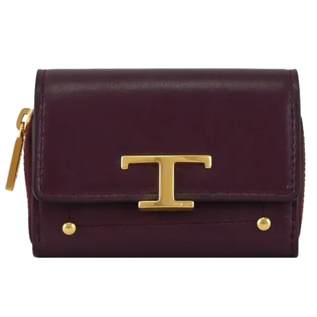 【TOD’S】TODS 金屬T LOGO小牛皮信用卡證件名片零錢包(深紫)