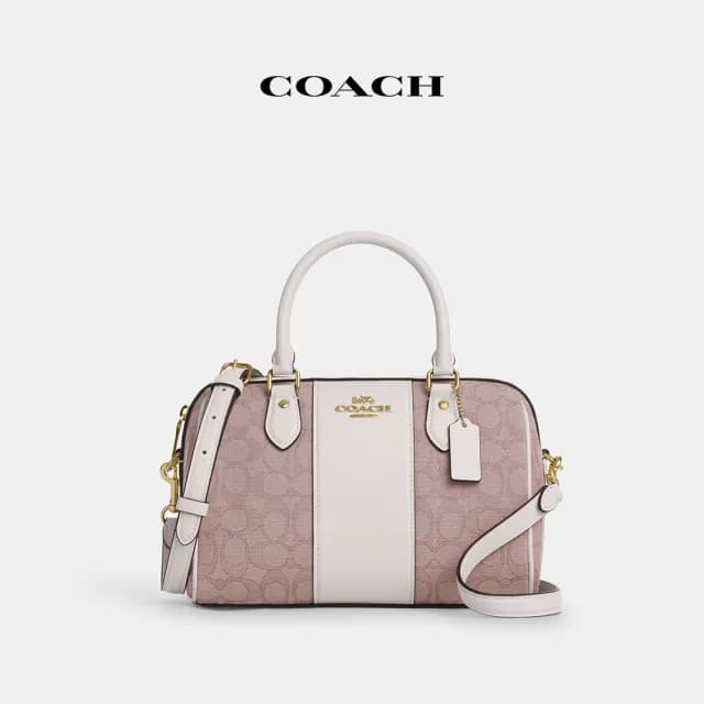 【COACH】蔻馳官方直營 ROWAN 經典Logo條紋圖案SATCHEL手袋-IM/粉色(CBS72)
