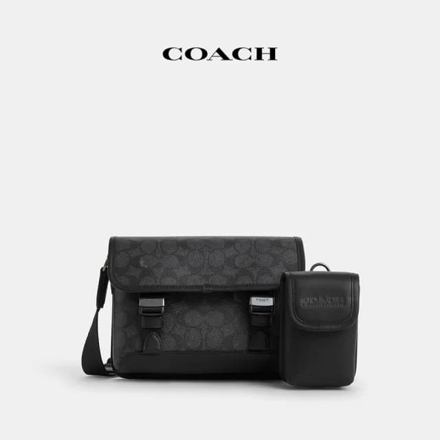 【COACH】蔻馳官方直營 LEAGUE經典Logo混合型斜背手袋-QB/炭黑色/黑色(CBX09)