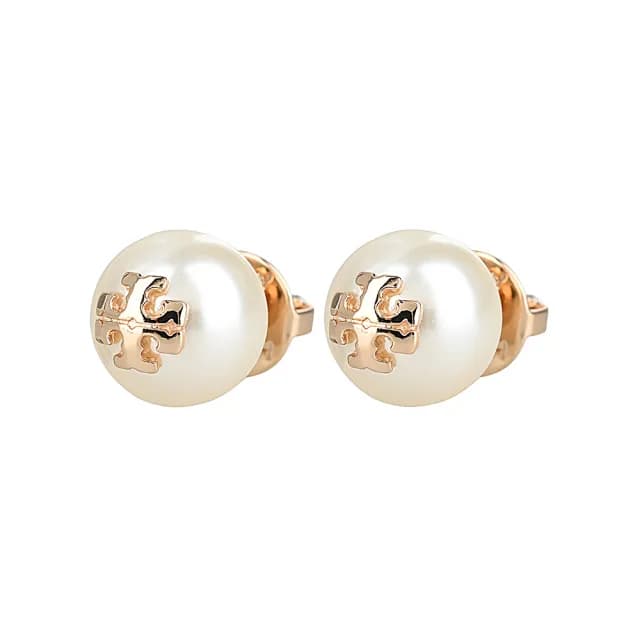 【TORY BURCH】TORY BURCH 英文T字LOGO珍珠穿式耳環(象牙白x金)