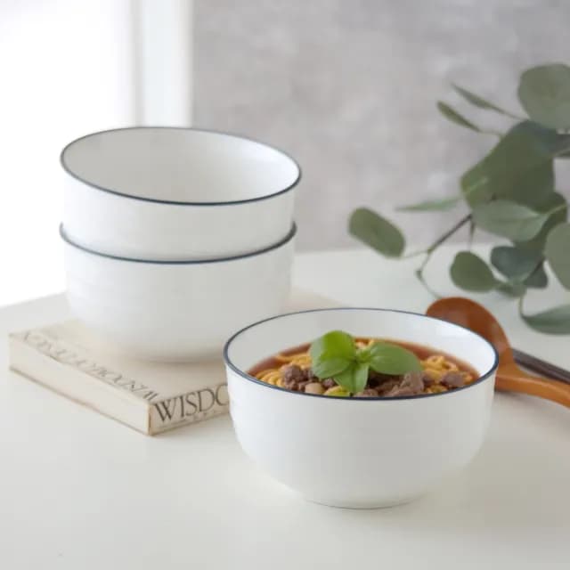【Just Home】簡約純白藍邊陶瓷6吋麵碗3件組(可微波 碗 陶瓷碗 泡麵碗 湯碗 碗盤)