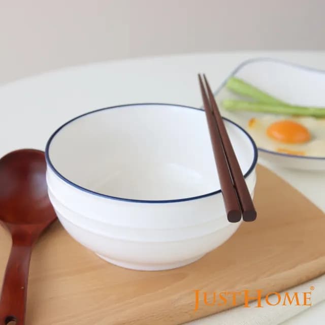 【Just Home】簡約純白藍邊陶瓷6吋麵碗3件組(可微波 碗 陶瓷碗 泡麵碗 湯碗 碗盤)