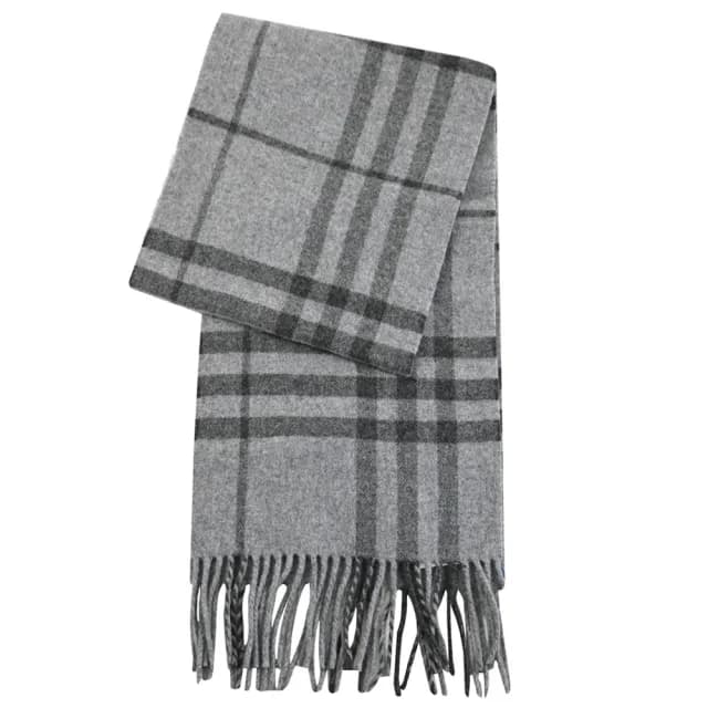 【BURBERRY 巴寶莉】英系經典撞色格紋純羊毛流蘇披肩長圍巾(灰)