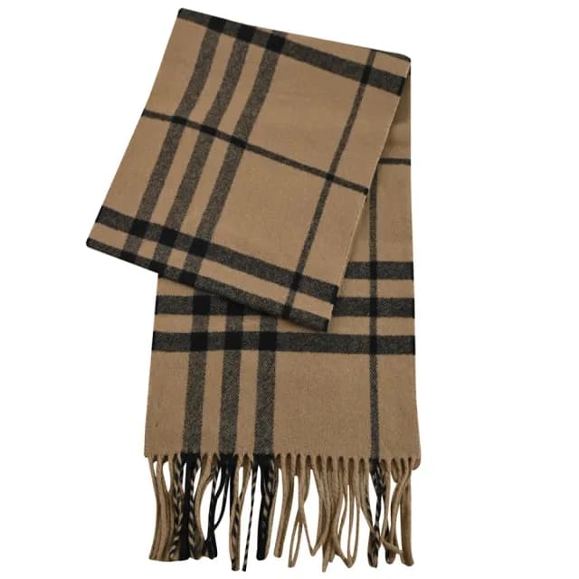 【BURBERRY 巴寶莉】英系經典撞色格紋純羊毛流蘇披肩長圍巾(咖)