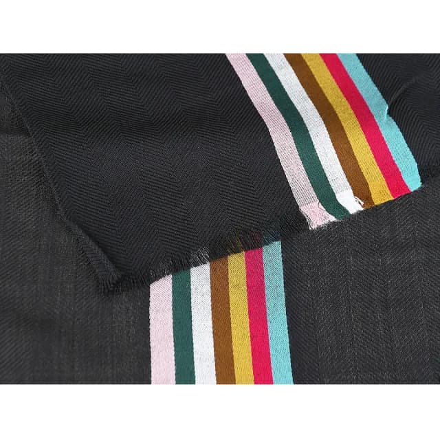 【Paul Smith】PAUL SMITH白布標簽名LOGO羊毛混紡經典彩條紋披肩/圍巾(黑x多色)