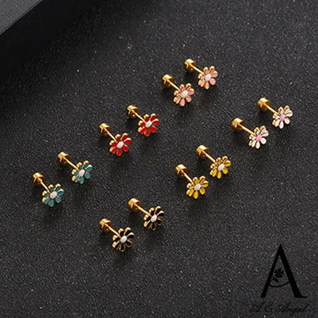【ANGEL】清新小花漾立體文青鈦鋼單只入耳環(6色可選)