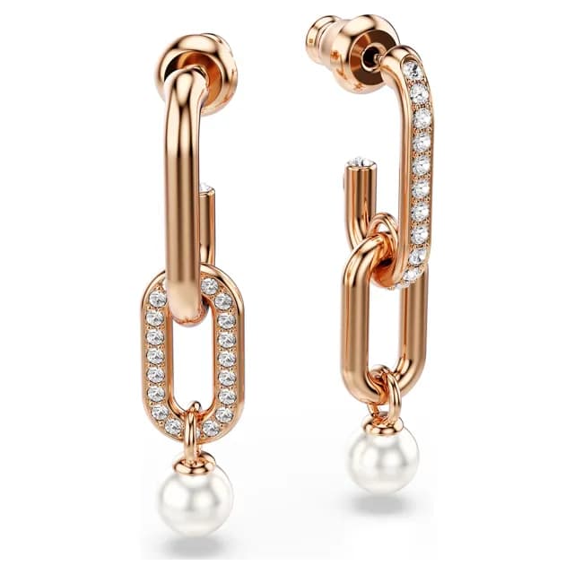 【SWAROVSKI 施華洛世奇】Constella 優雅珍珠水晶垂墜式耳環-玫瑰金(5728585)