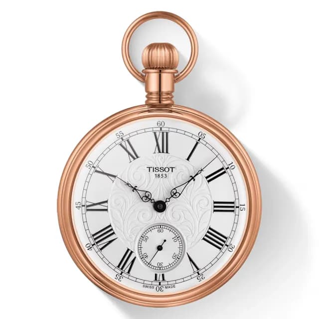 【TISSOT 天梭】小秒針手上鍊懷錶 附鍊-玫瑰金x白/51mm 情人節禮物(T8614059903301)