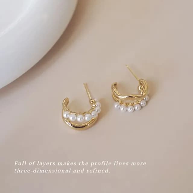 【極簡金屬】優雅不對稱雙圈珍珠耳扣(圈圈耳環 耳飾 圓圈耳釘 韓風 百搭 上班通勤)