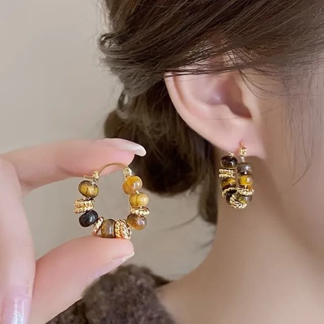 【法式經典】復古美拉德虎眼石耳環1對(耳骨環 飾品 耳飾 耳針 耳釘 首飾 情人節 送禮物)