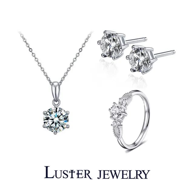 【Luster】熱賣99!30分 D/VS 培育鑽 純銀 項鍊 耳環 戒指 三件組(培育鑽石X4 總重1.20ct)