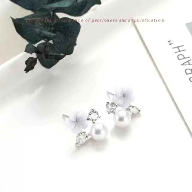 【森系甜美】韓系氣質梔子花鑽葉珍珠耳環(耳針 耳釘 耳飾 日常可 上班族)