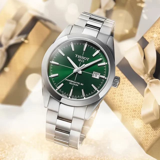 【TISSOT 天梭】GENTLEMAN 80小時矽游絲紳士機械手錶-綠 七夕 情人節禮物(T1274071109101)