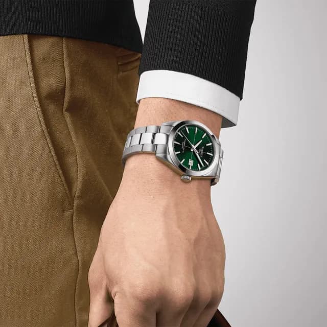 【TISSOT 天梭】GENTLEMAN 80小時矽游絲紳士機械手錶-綠 七夕 情人節禮物(T1274071109101)