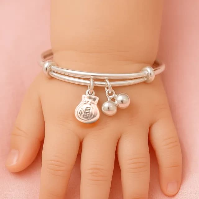 【珠兒綠】999純銀 福袋嬰兒搖鈴手鐲 嬰兒手鐲(純銀手鐲手鍊 嬰兒尺寸 彌月禮物 寶寶手鐲 開運)