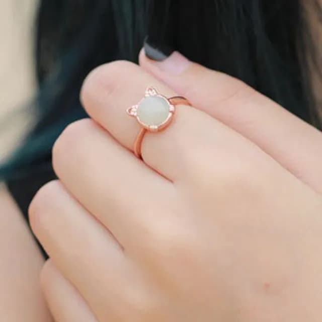 【LEEHER】白玉戒指/開口戒指/貓咪戒指/和田玉/玉戒指/戒指/尾戒/指戒/純銀戒指/可愛小物/送禮物