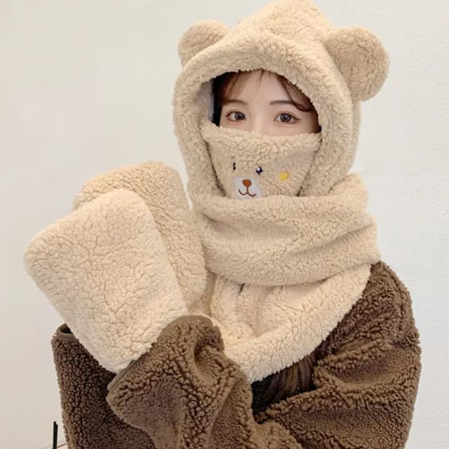 【匠心選品】小熊造型 四合一連帽圍巾手套口罩(羊羔絨 加厚防風帽 防風圍巾 保暖口罩 保暖手套 防寒圍巾)