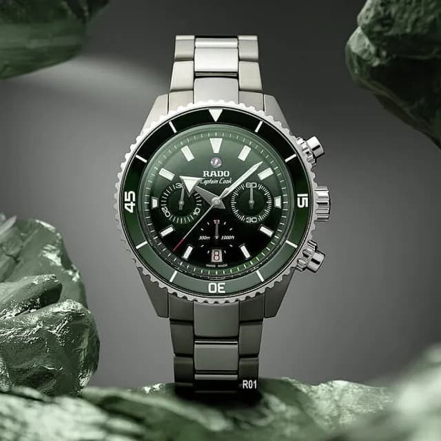 【Rado 雷達表】最新Captain Cook庫克船長全電漿陶瓷計時錶 綠面款-加8重好禮 R01(R32189313)