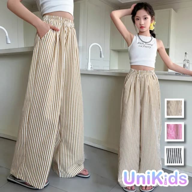 【UniKids】中大童裝豎條紋長褲 闊腿休閒長褲 女大童裝 CVXXM2507(黑 紅 黃)