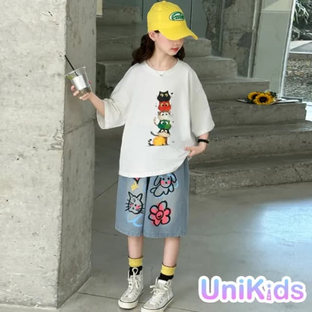 【UniKids】中大童裝短袖T恤 可愛疊疊貓咪上衣 女大童裝 CVXBM25161(T恤)