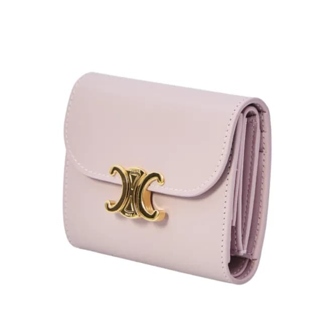 【CELINE】Triomphe 凱旋門 亮澤牛皮革 小號 翻蓋 零錢包 卡夾 皮夾 短夾 淡雅粉紅色 10D783DPV.25BD