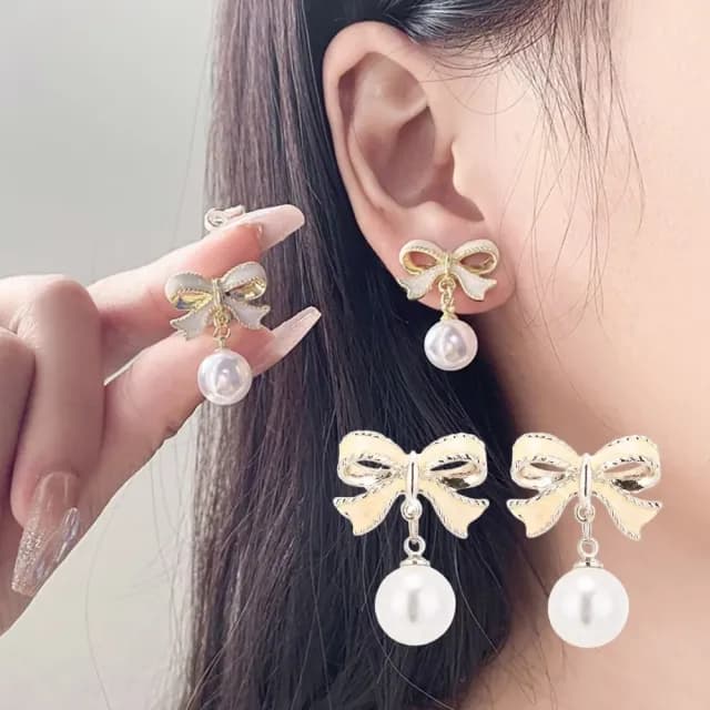 【法式耳飾】滴油蝴蝶結珍珠耳環1對(鑲鑽 水鑽 耳墜 飾品 耳針 耳釘 首飾 垂墜耳環 情人節 送禮物)